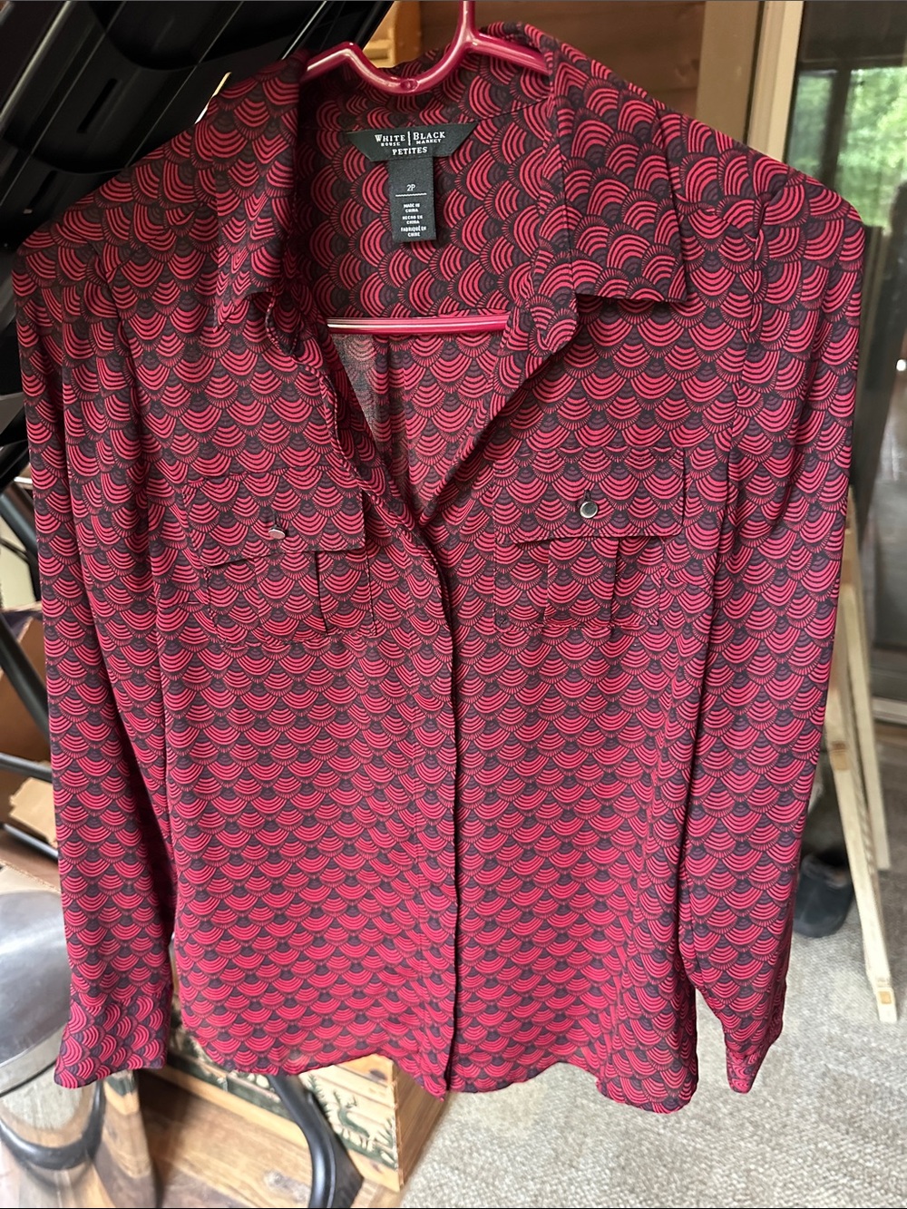 White House Black Market Red & Black Printed Button-Up Blouse